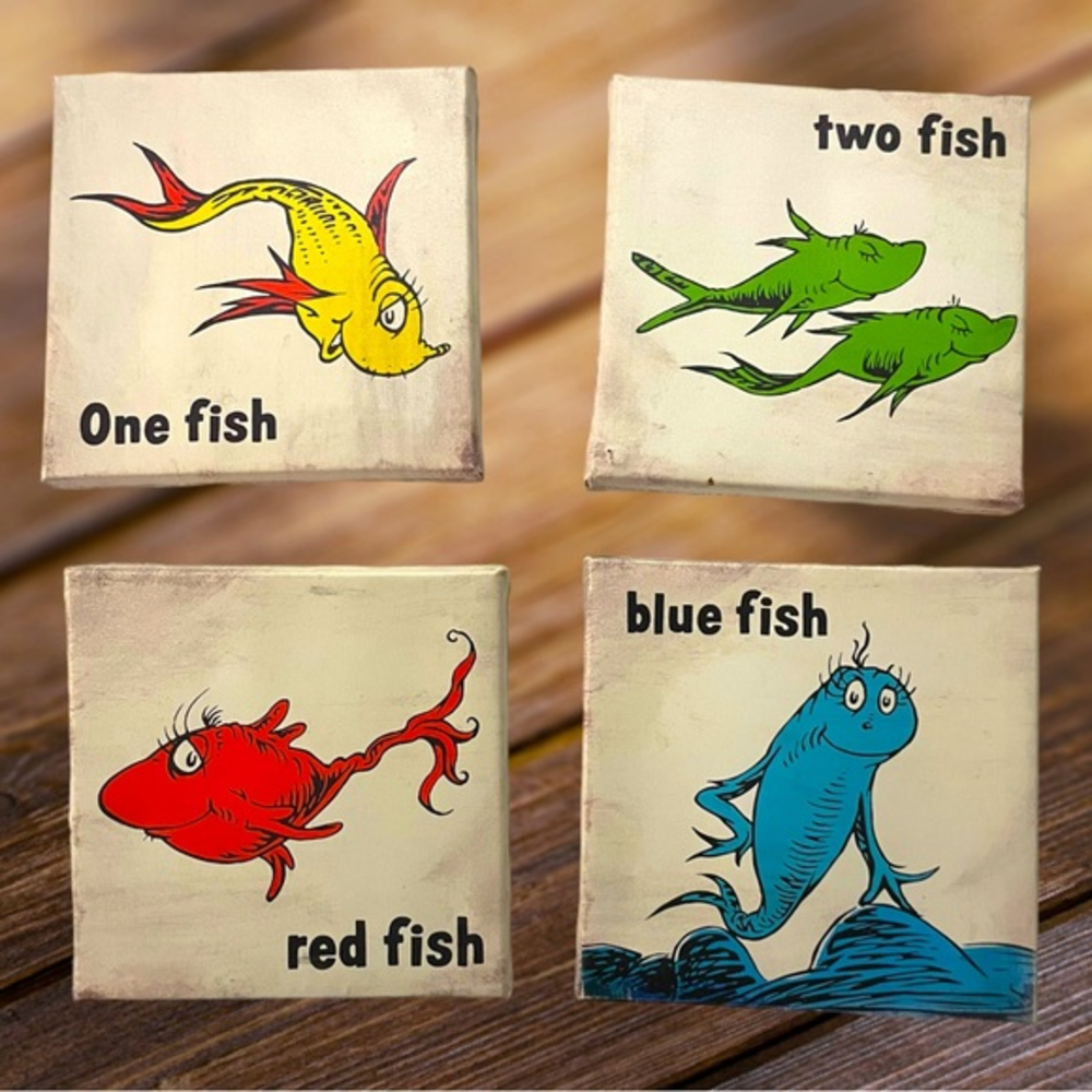 Dr‎ Seuss Red Fish, Blue Fish 4 Piece Canvas Stretched Wall Art